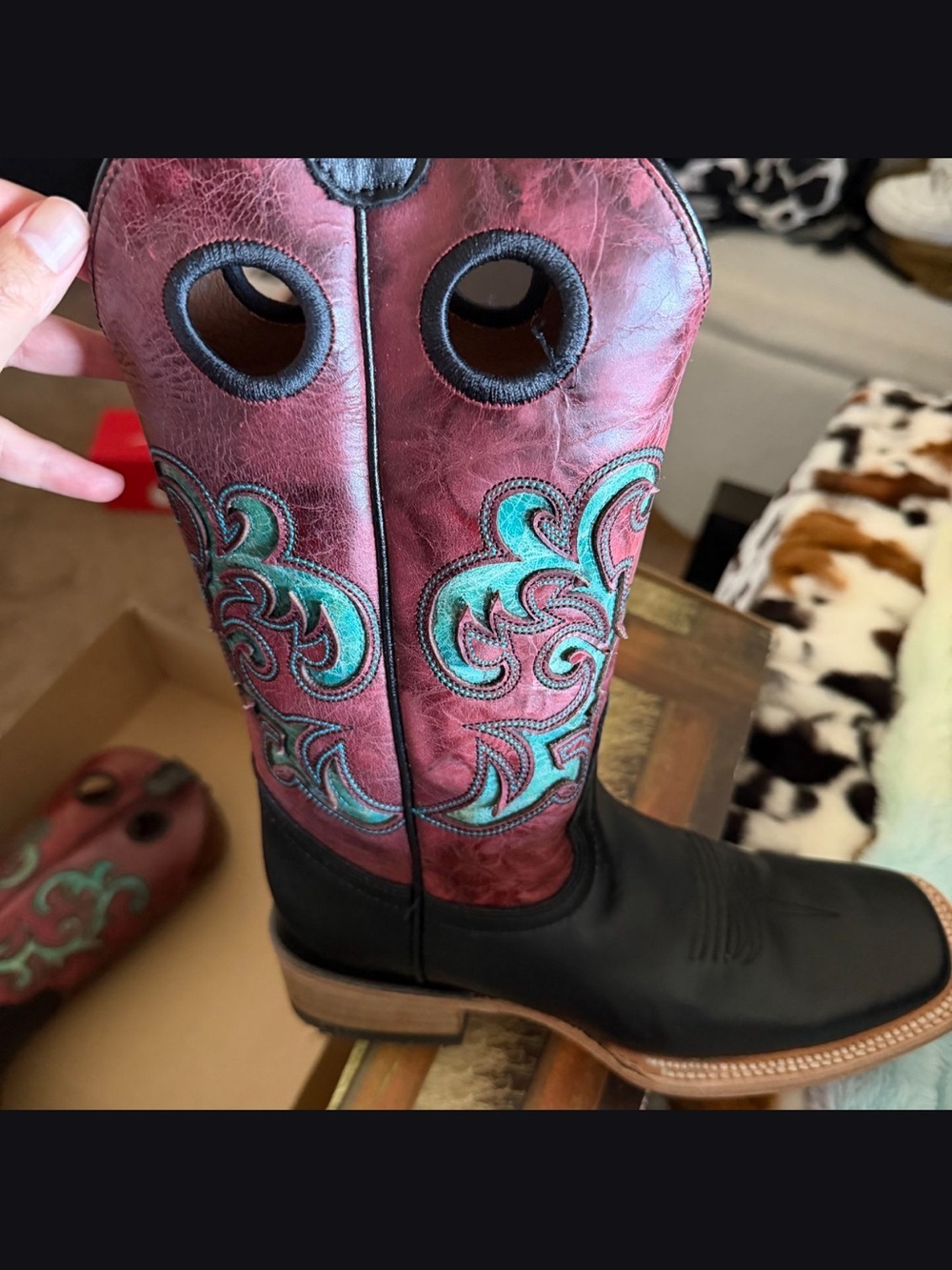 Circle G Black & Burgundy Western Lace-Up Boots with Teal Embroidery